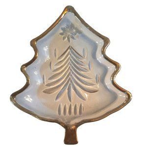 5 1/4 inch Christmas Tree Crystal Trinket Dish Nut Bowl Gold Trim